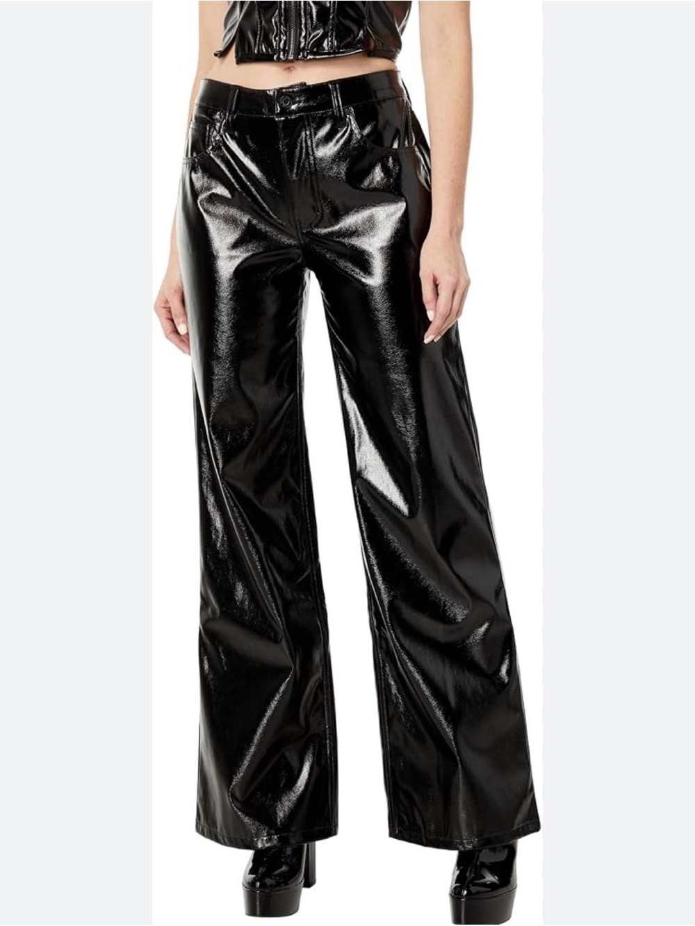 AFRM Xander Black Faux Leather Wide Leg Pants High Waist Shiny 30 NWT - Picture 2 of 13